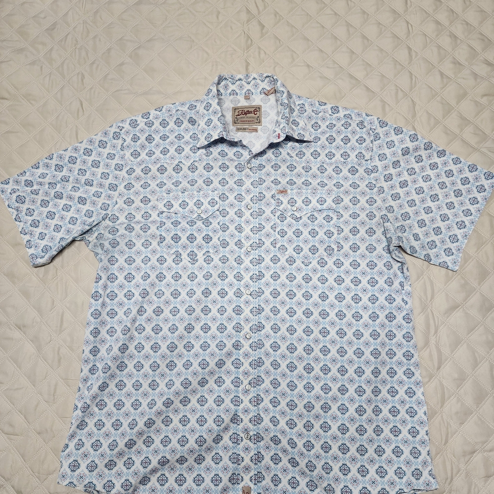 Rafter C Western Shirt Mens 2XLT White Blue Geometric Button Down Pocket Cowboy